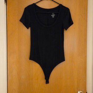 Nuuds Short Sleeve Bodysuit Womens S Black Ribbed Modal Stretch Minimalist Goth